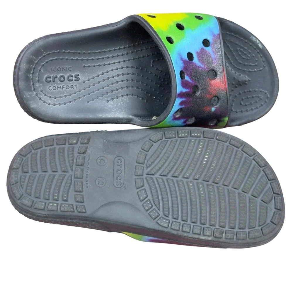 Crocs Classic Slide Kids Size 12 Black Rainbow Tie Dye Foam Comfort Sandal Boho